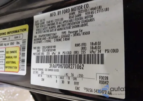 2013 Ford Fusion Se from USA, damaged, VIN 3FA6P0H70DR271062